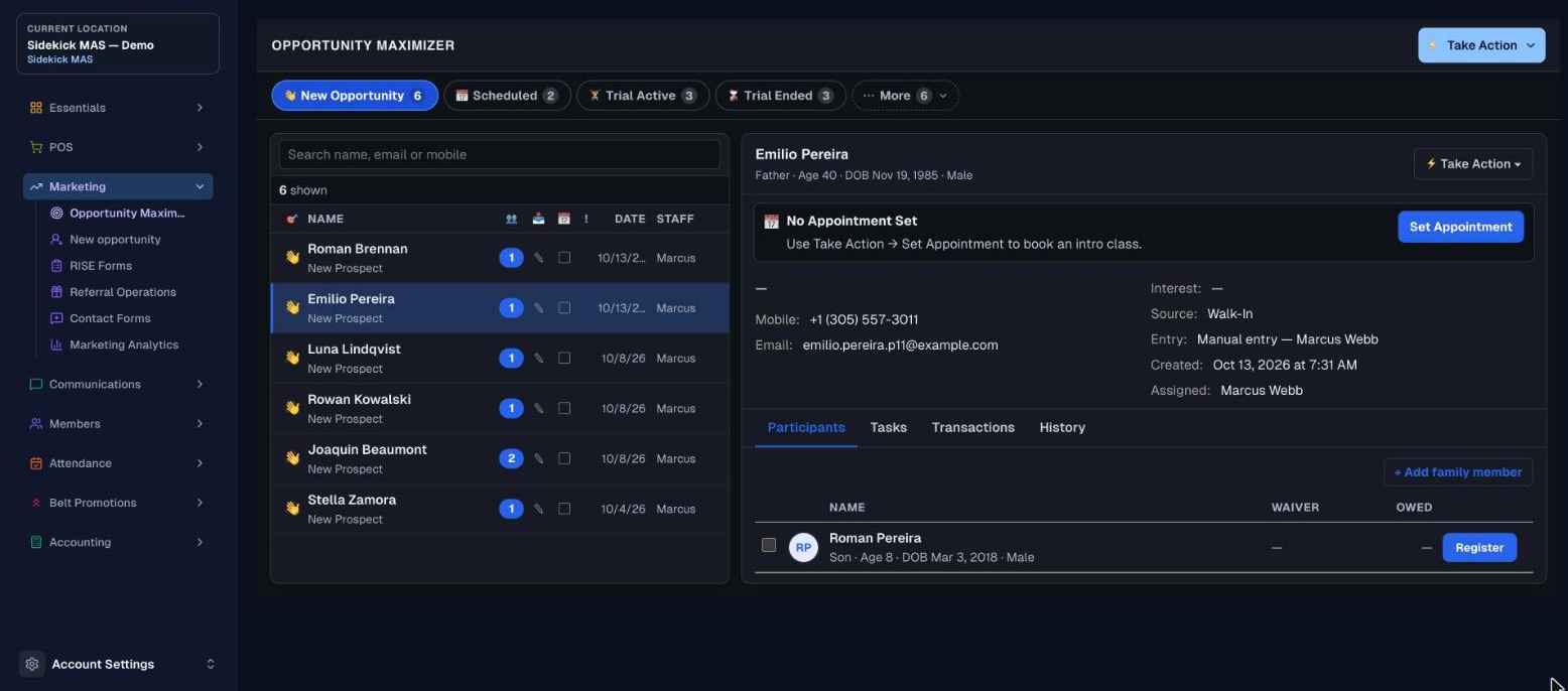 Capture d'écran de CRM et sources de prospects dans Sidekick