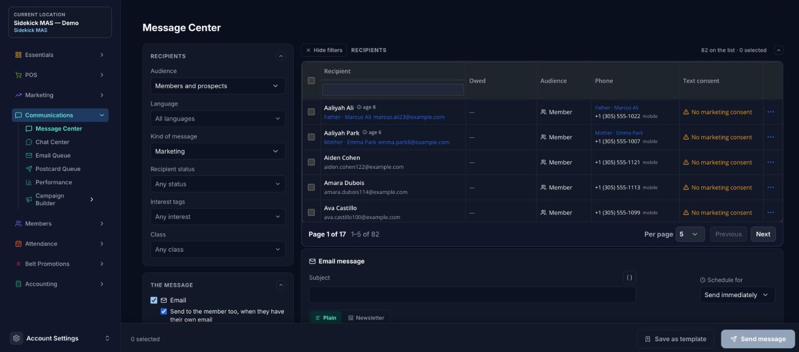 Capture d'écran de Marketing et messagerie dans Sidekick